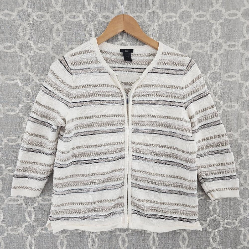 Ann Taylor Full Zip Textured 3/4 Sleeve Striped Women's Sweater LP
